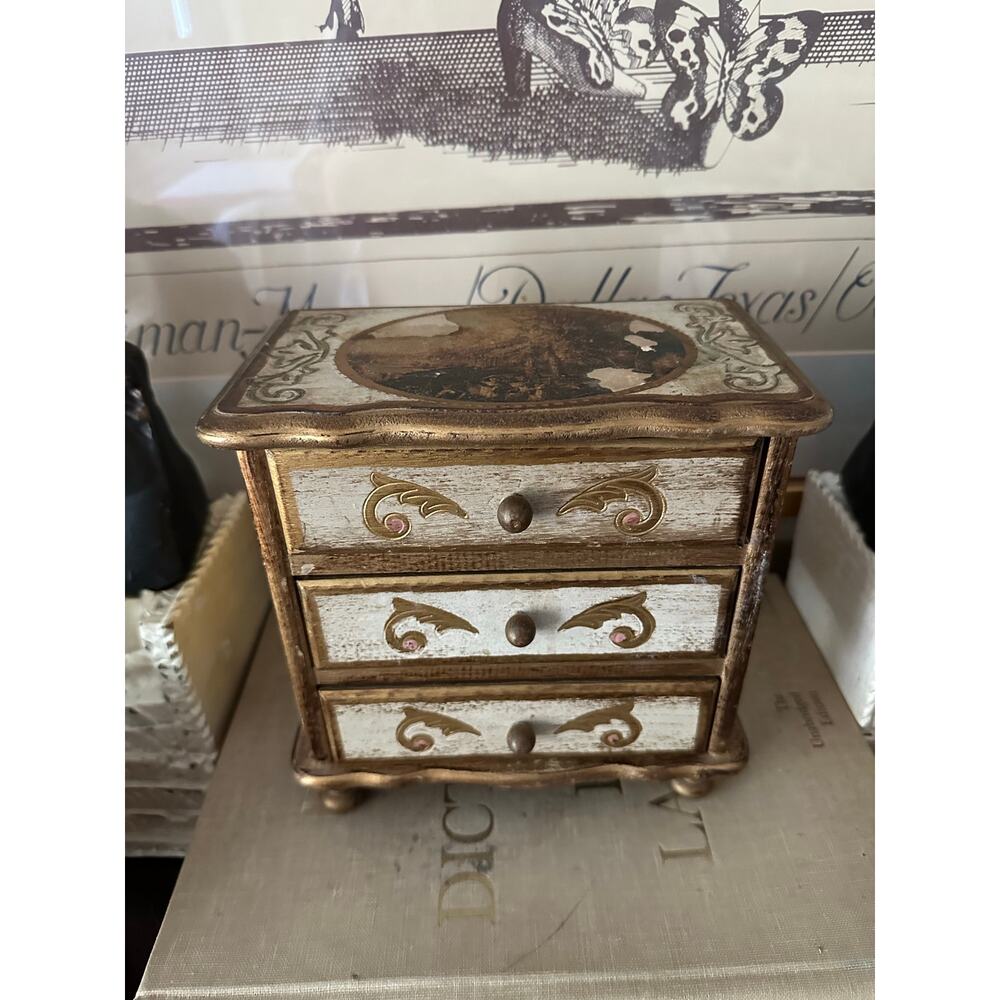 Vintage Wooden Florentine Music Jewelry Box 3 Drawers yesterday song